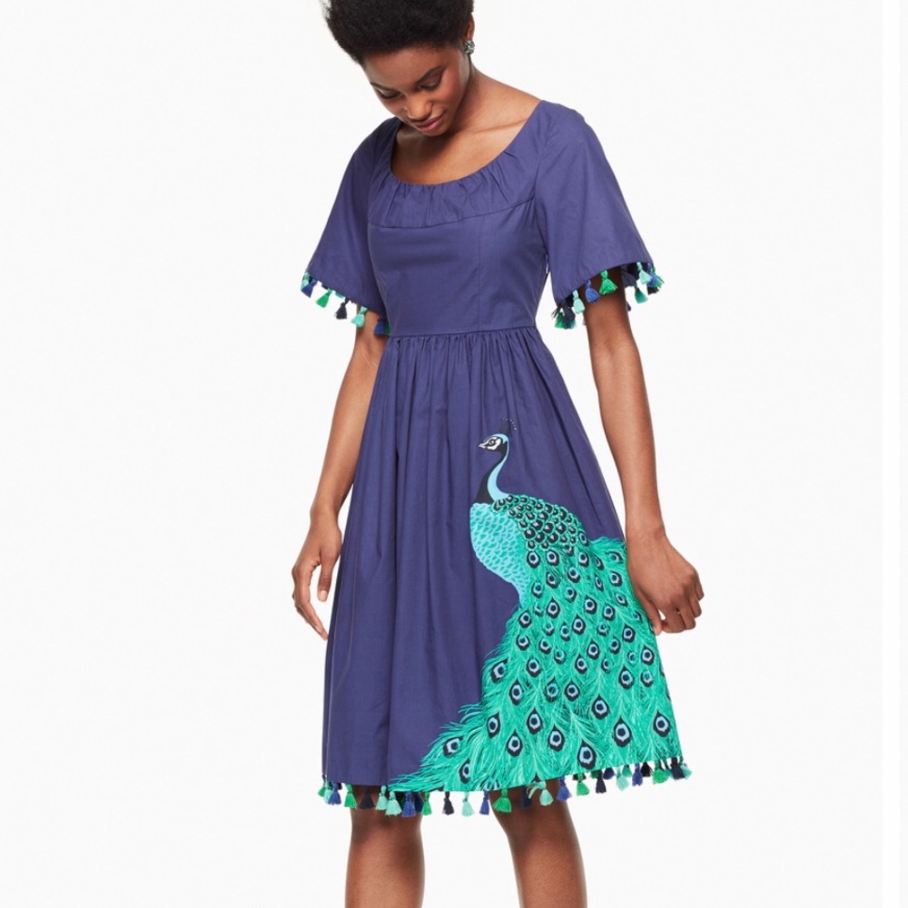 Kate Spade peacock plume poplin dress with tassels